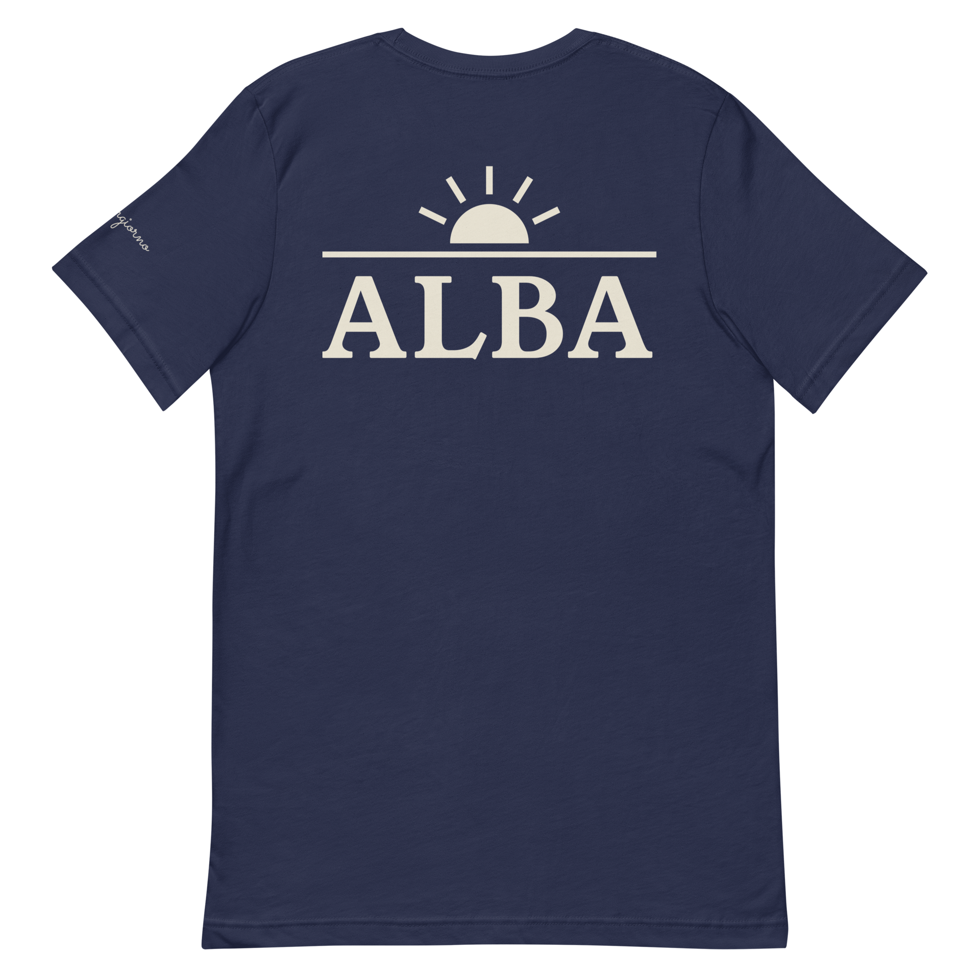 Alba tee, navy, back print flat lay