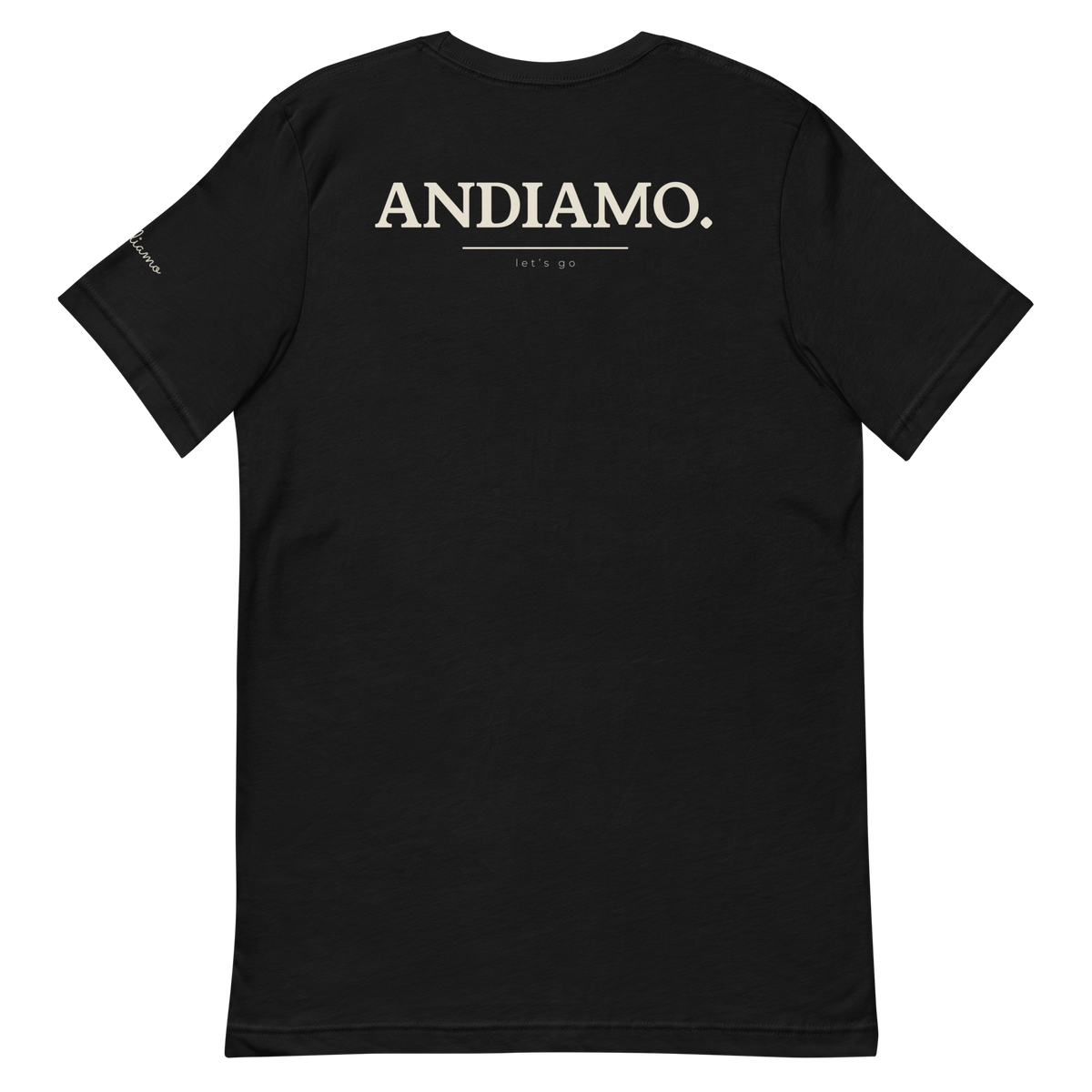 Andiamo tee, black, back print flat lay