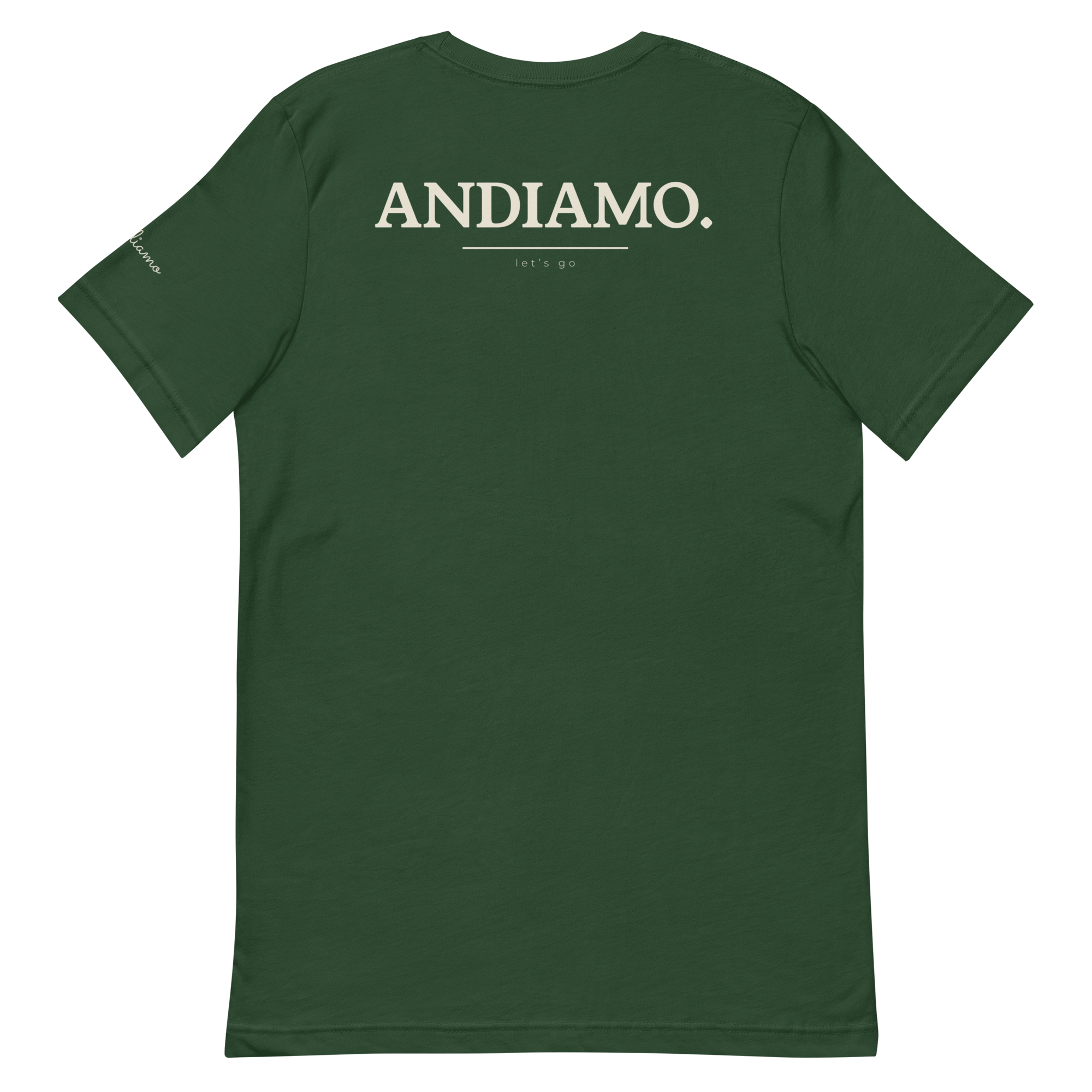 Andiamo tee, forest, back print flat lay