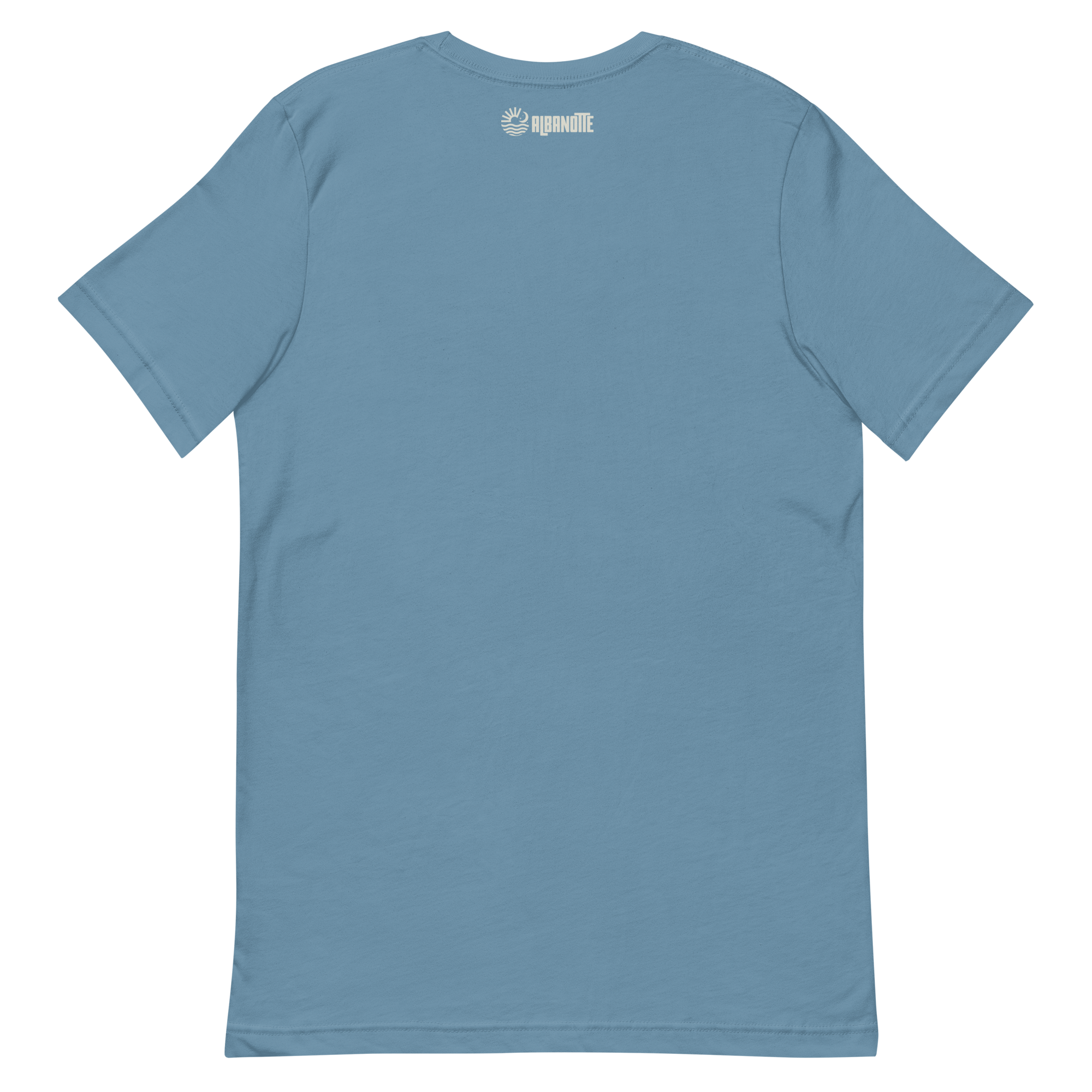Ciao For Now tee, steel blue, back flat lay