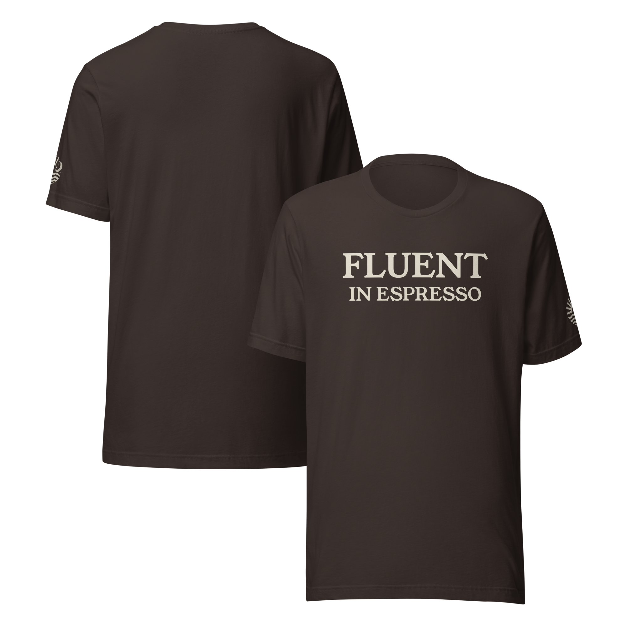 Fluent In Espresso tee, brown, front and back