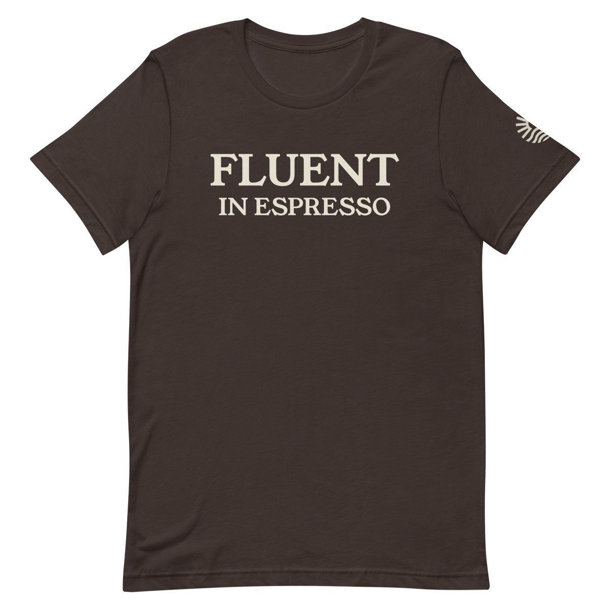 Fluent In Espresso tee, brown, front print flat lay