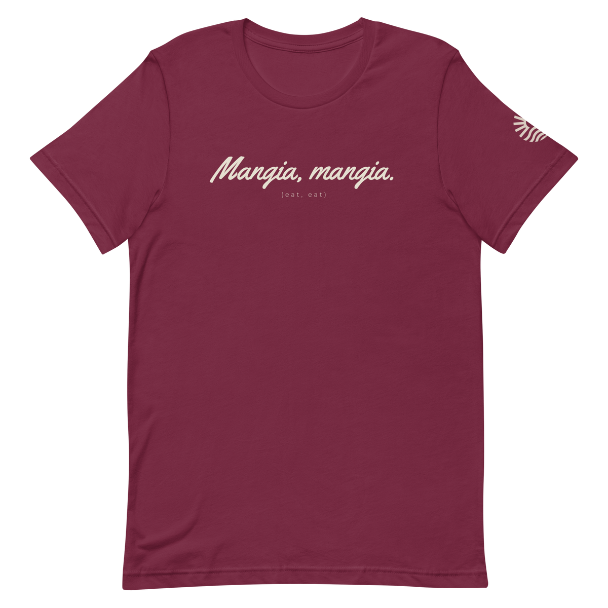 Mangia Mangia tee, maroon, front print flat lay