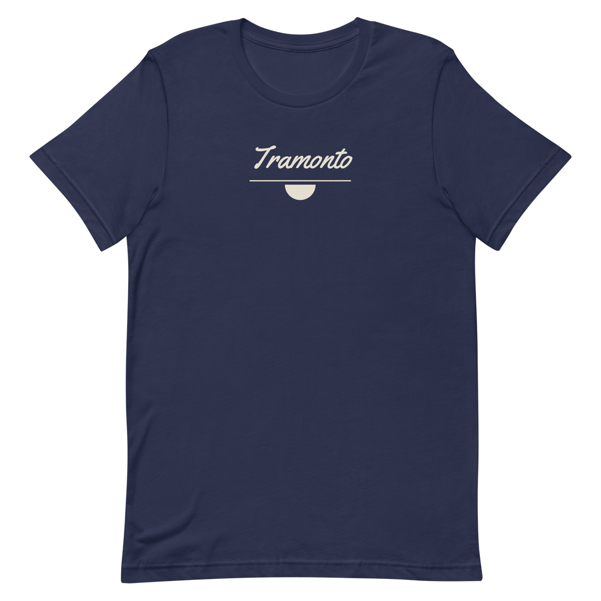Tramonto tee, navy, front print flat lay