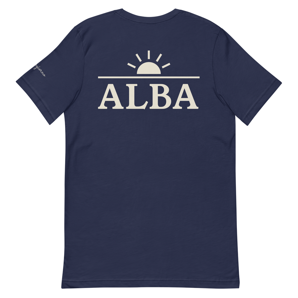 Alba tee, navy, back print flat lay