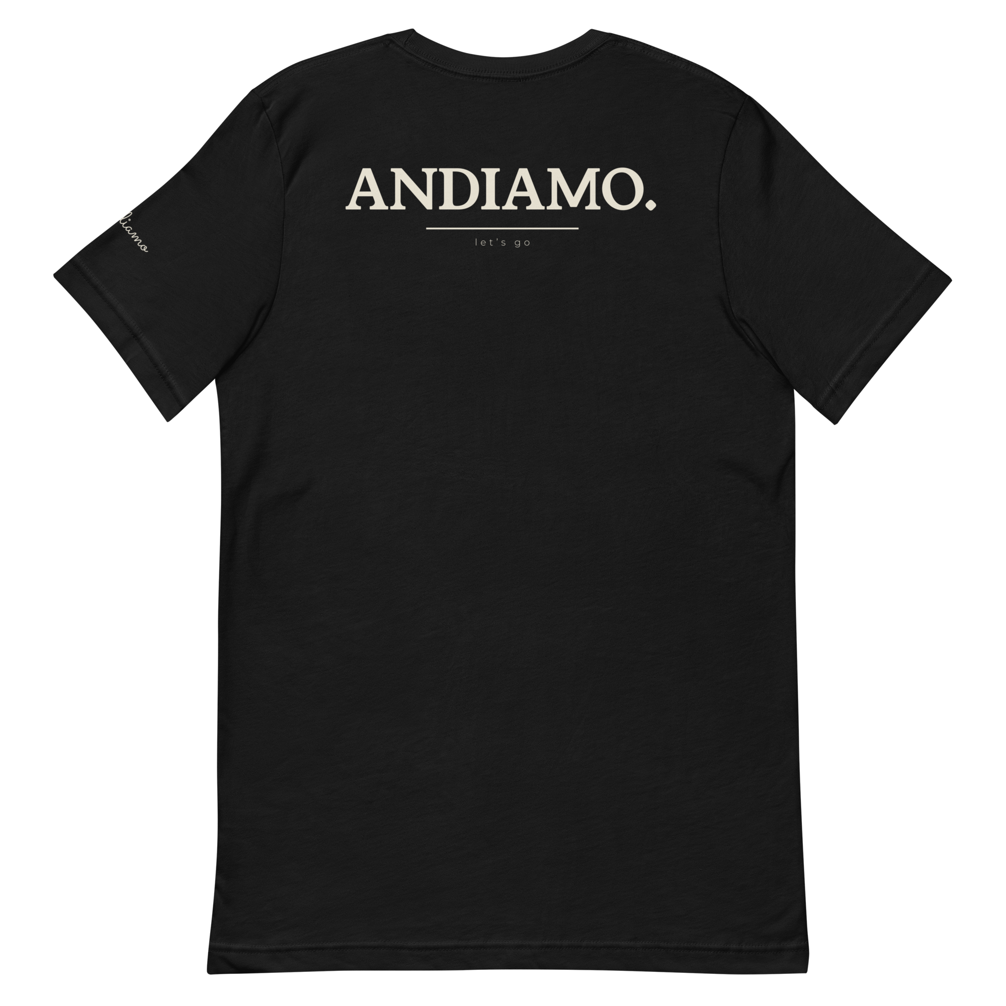 Andiamo tee, black, back print flat lay