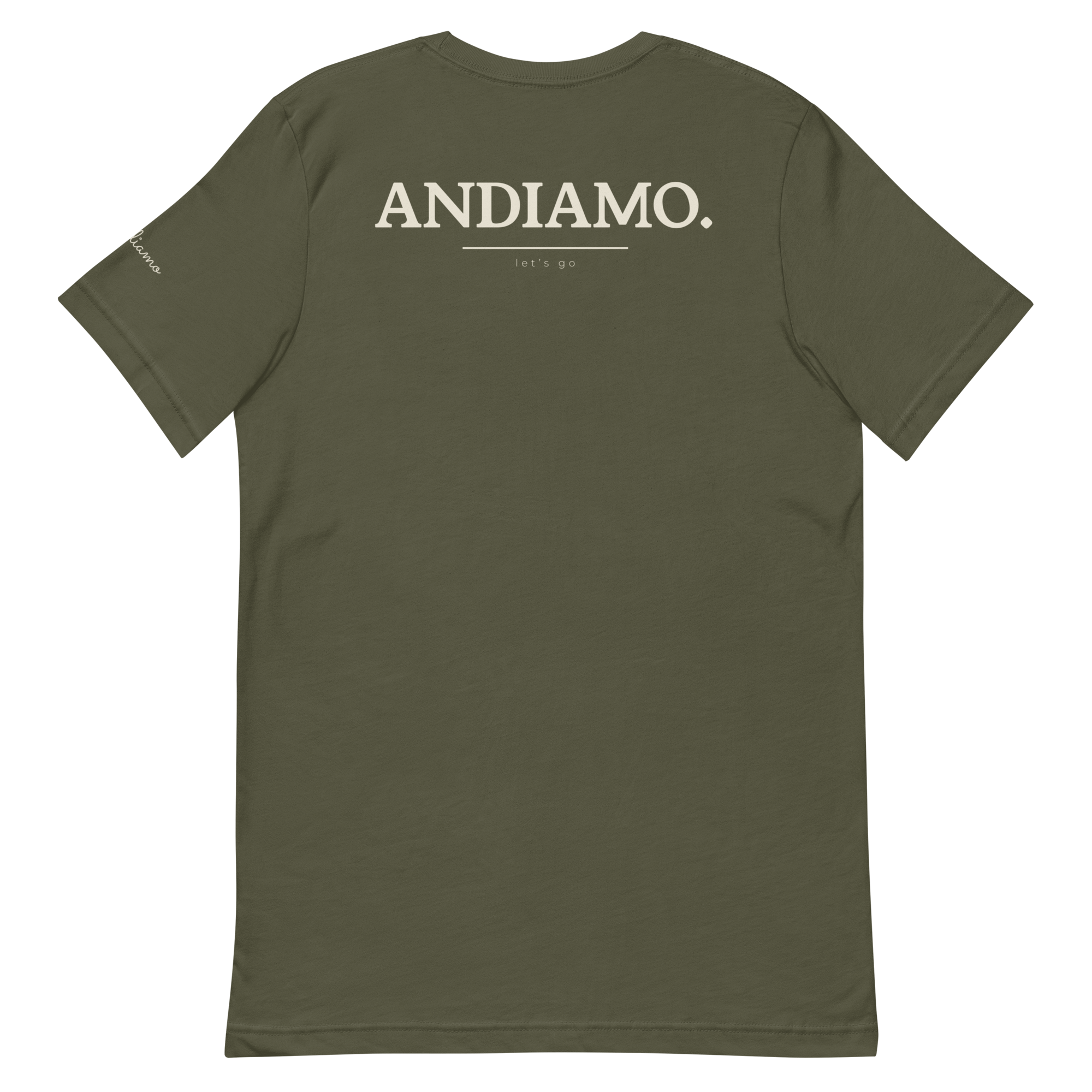 Andiamo tee, military green, back print flat lay