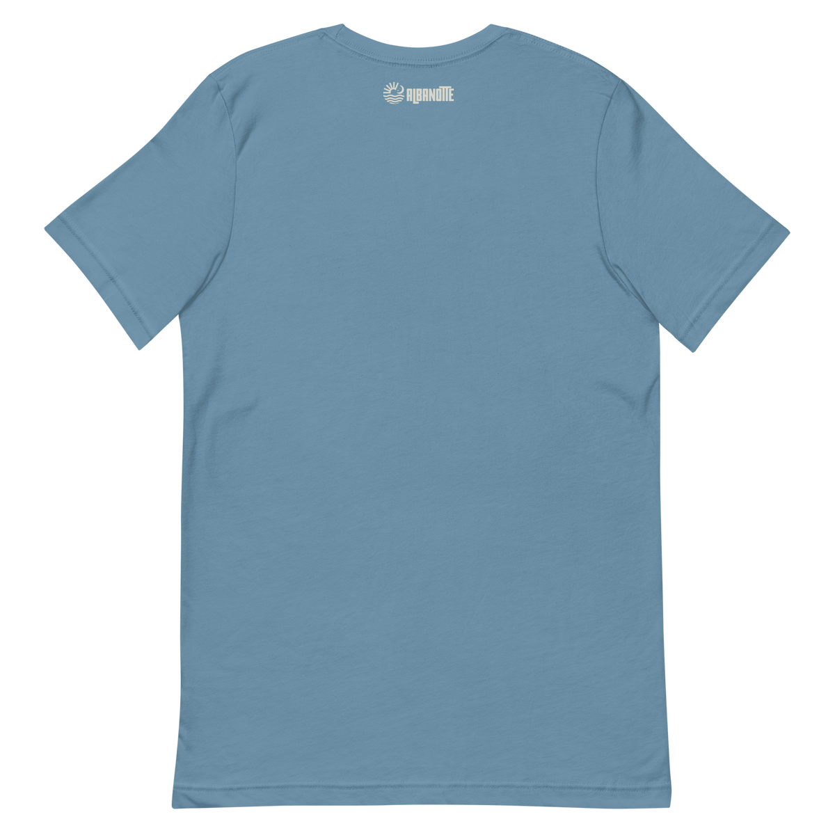 Ciao For Now tee, steel blue, back flat lay