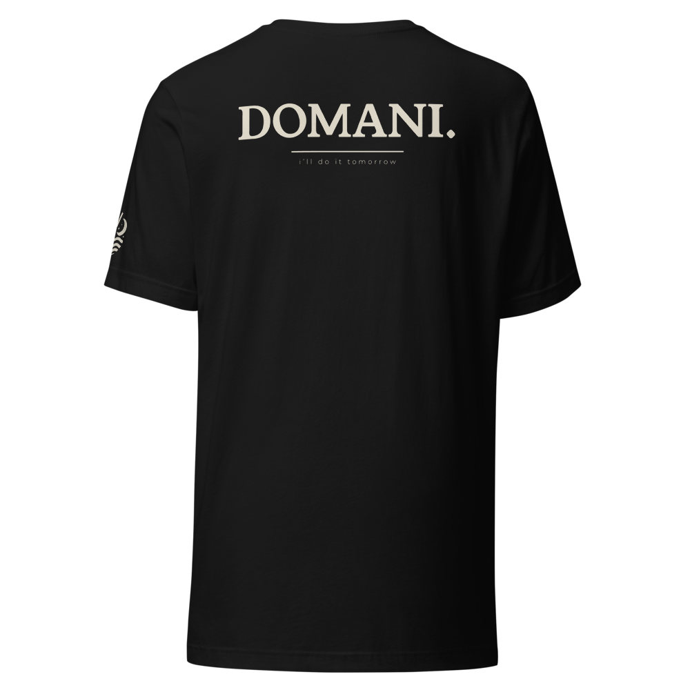 Domani tee, black, back print flat lay