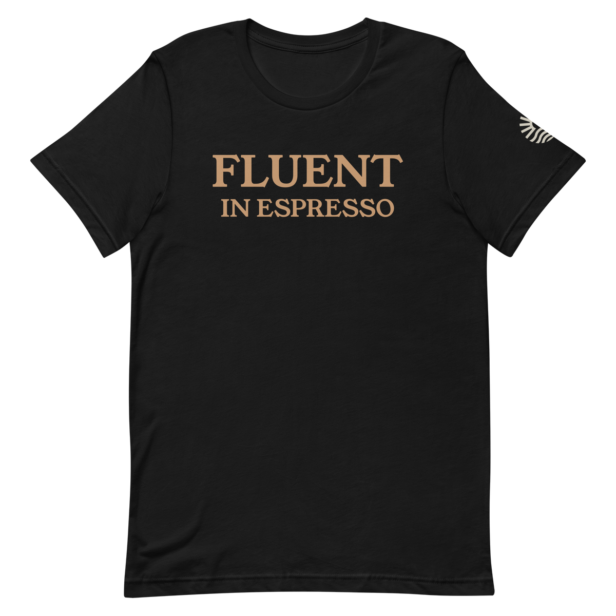 Fluent In Espresso tee, black, front print flat lay