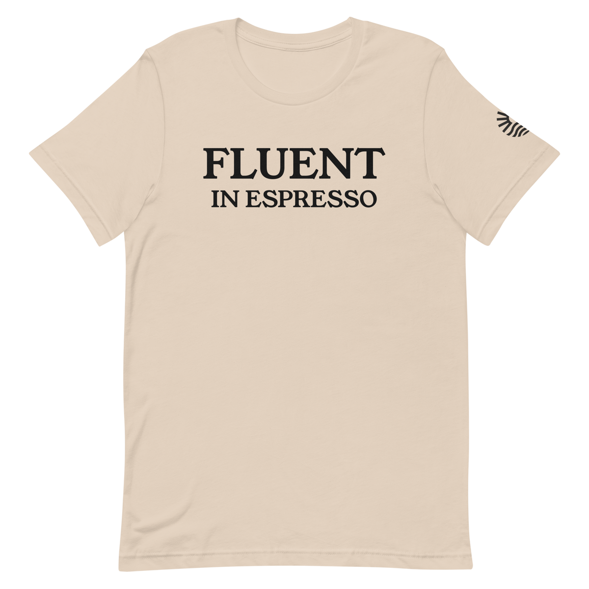 Fluent In Espresso tee, soft cream, front print flat lay