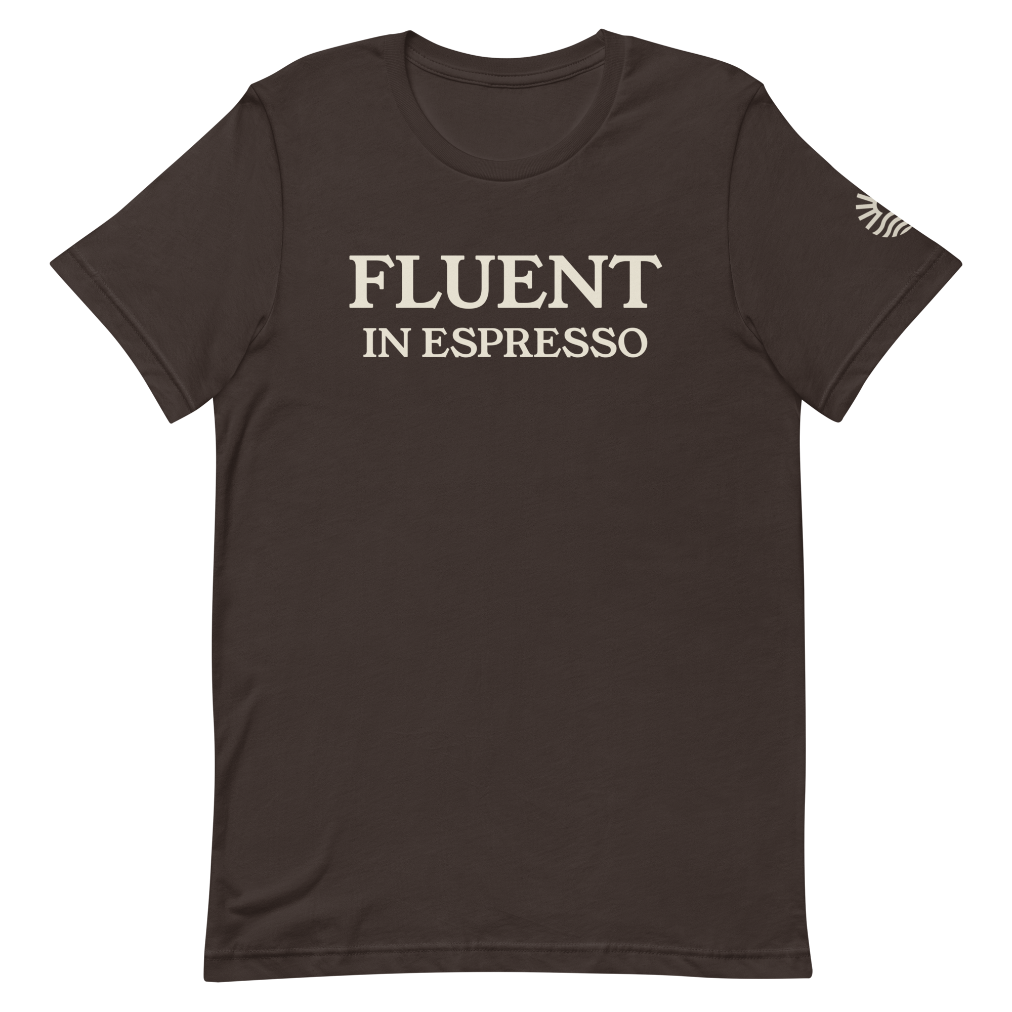 Fluent In Espresso tee, brown, front print flat lay