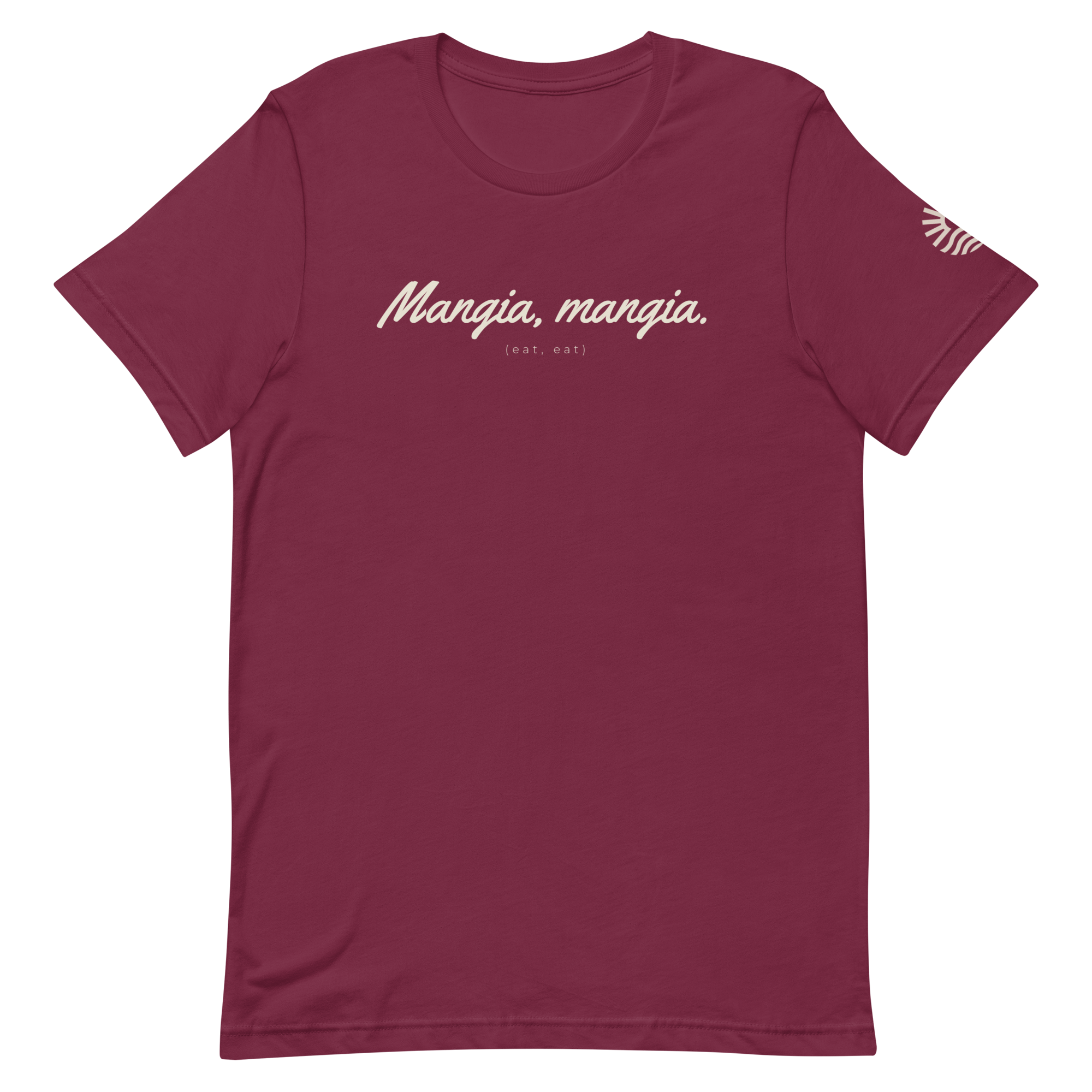 Mangia Mangia tee, maroon, front print flat lay