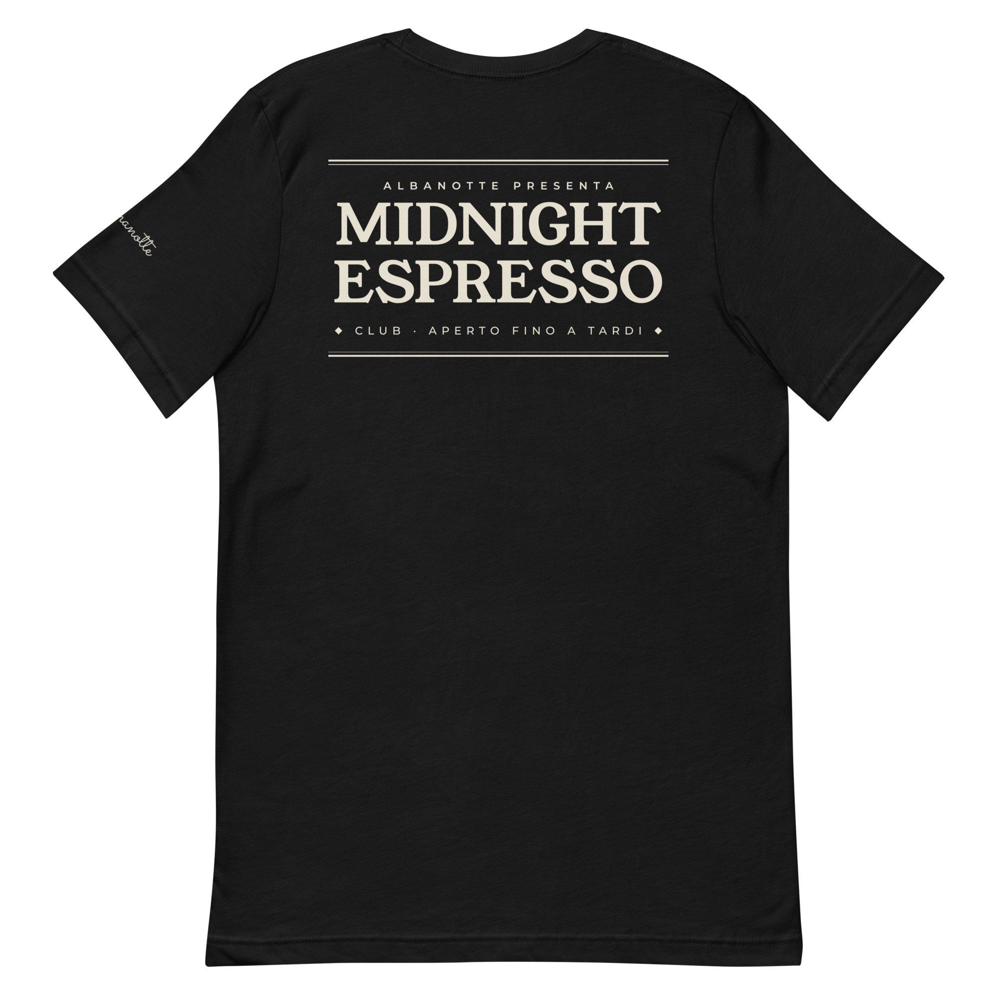 Midnight Espresso Club tee, black, back print flat lay