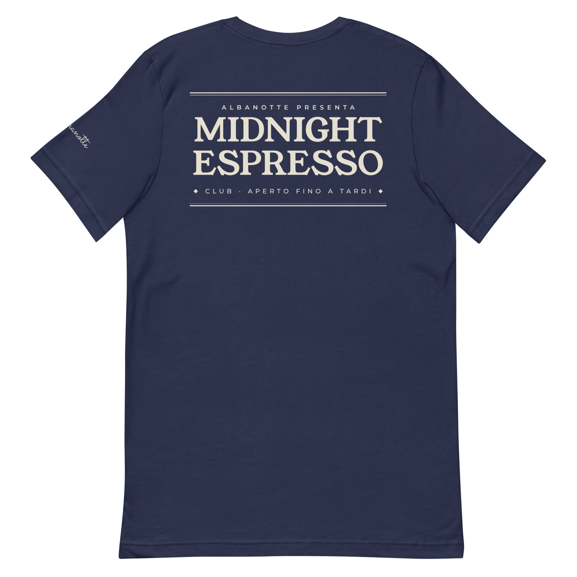 Midnight Espresso Club tee, navy, back print flat lay