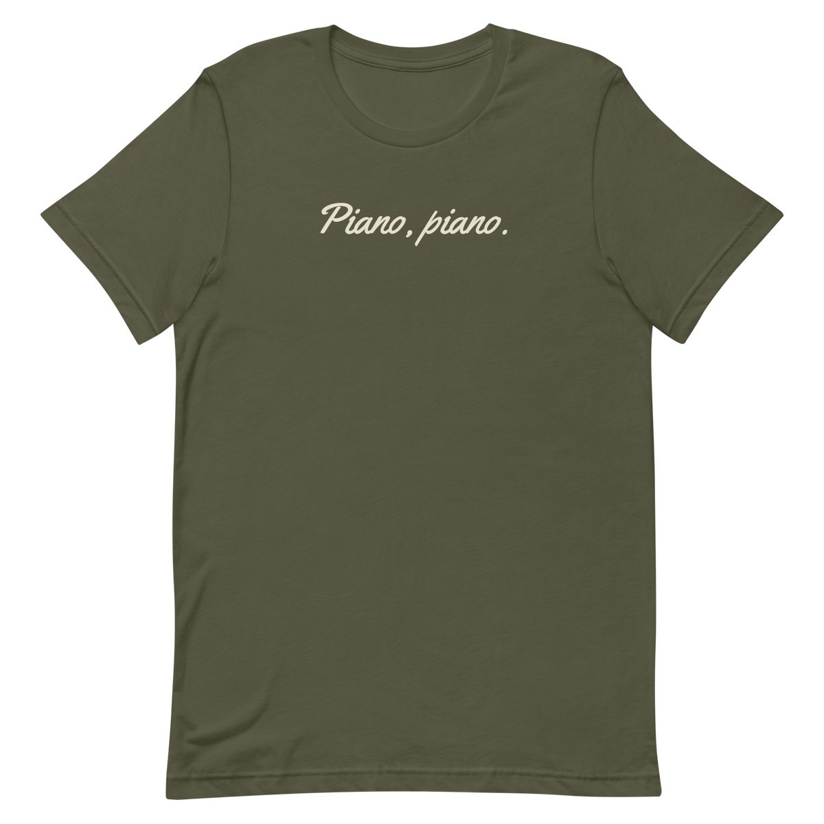 Piano Piano tee, military green, front print flat lay