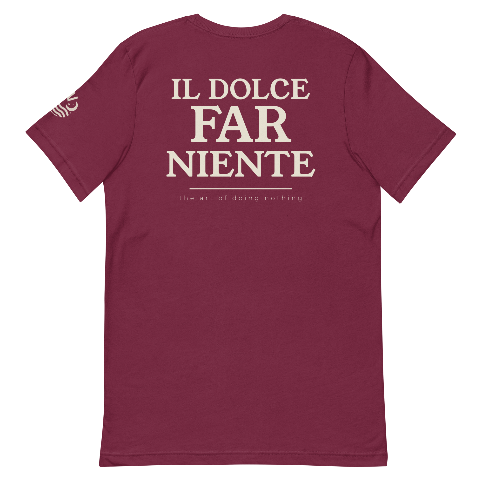 Il Dolce Far Niente tee, maroon, back print flat lay